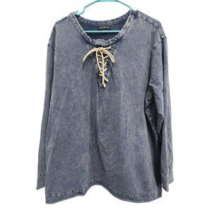 Lane Bryant Tunic Top Womens 22/24 Blue Washed Lace Up Long Sleeve BOHO Lounge